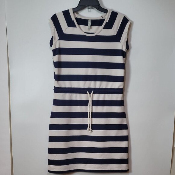 Navy & White Striped Casual Drawstring Waist Cotton Dress Short Sleeve Scoop Nec - Picture 7 of 14